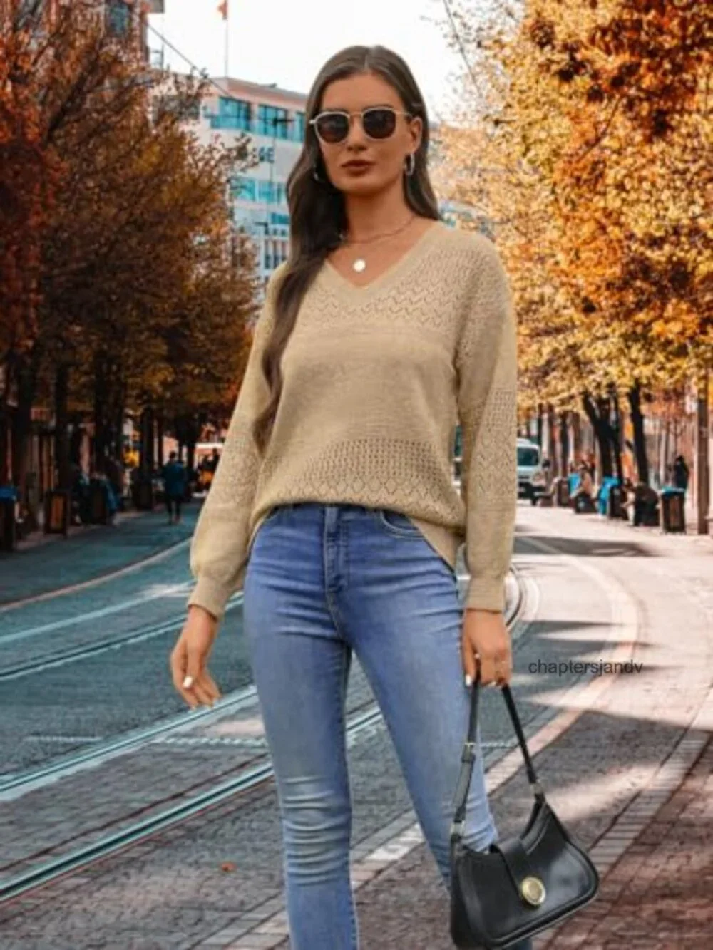 Womens Cable Knit V Neck Long Sleeve Pullover Sweater Oversized